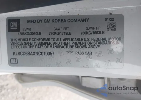 2022 Chevrolet Spark Fwd 1Lt Automatic из США, поврежденный, VIN KL8CD6SAXNC010057